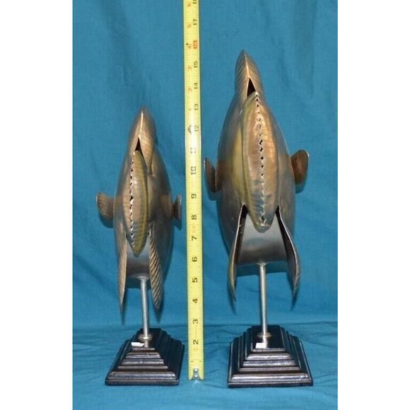 2 Pc Metal /Wood Fish Decor Large Modern Bookshelf Decor Beach Silver Nautical - Picture 6 of 7